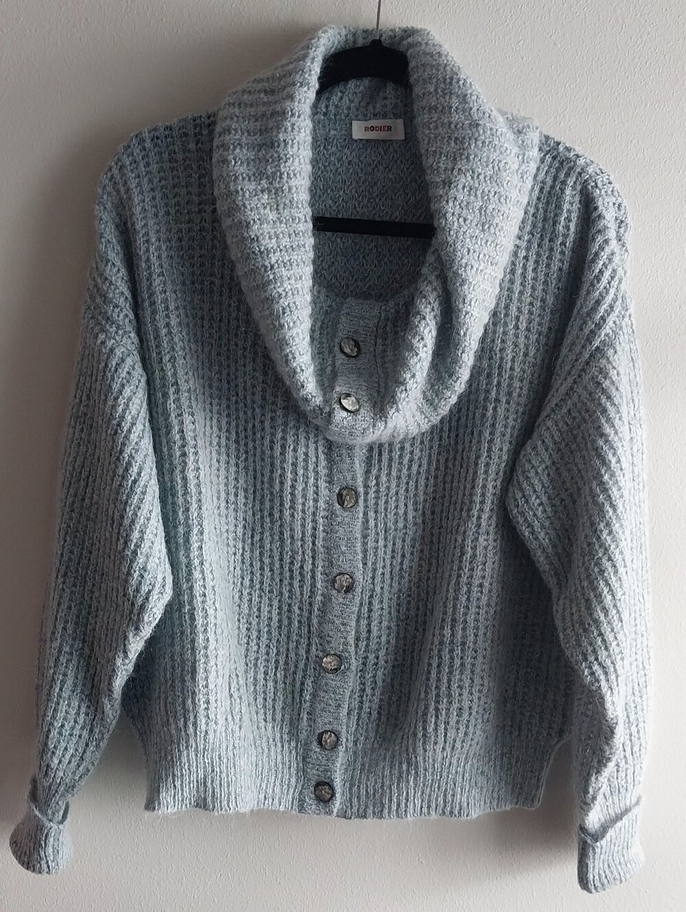 Rodier Vintage Blue Mohair Blend Button Front Cowl Neck Boxy Cardigan